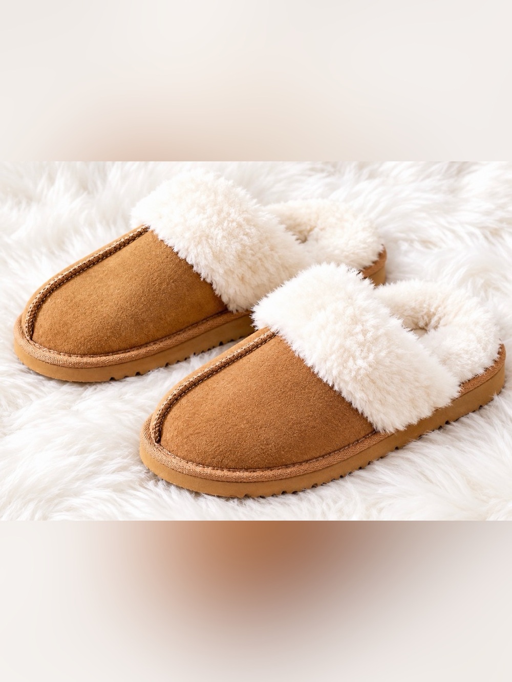 Source Unknown Tan Slipper Mules with Cream Faux-Shearling Trim